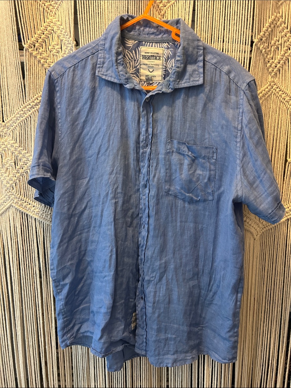 Heritage Men’s Short Sleeve Linen Button -Down Shirt - Blue